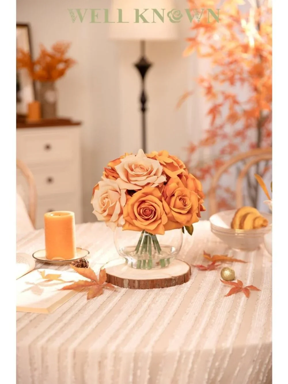 Elegant Burnt Orange Rose Arrangement in Vase with Faux Water - Artificial